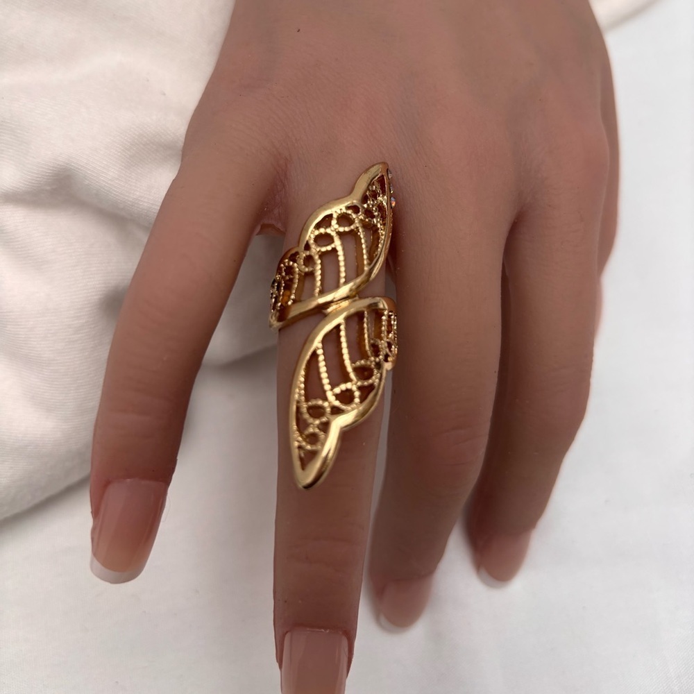 Gold Butterfly Wing Filigree Statement Ring Long Openwork Bohemian Band